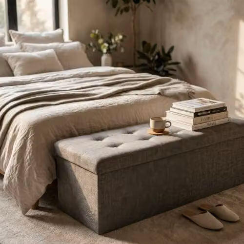 Harbour Housewares Foldable Grey Linen Storage Ottoman Bench, W/D/H: 111 x 37 x 39 cm – 2