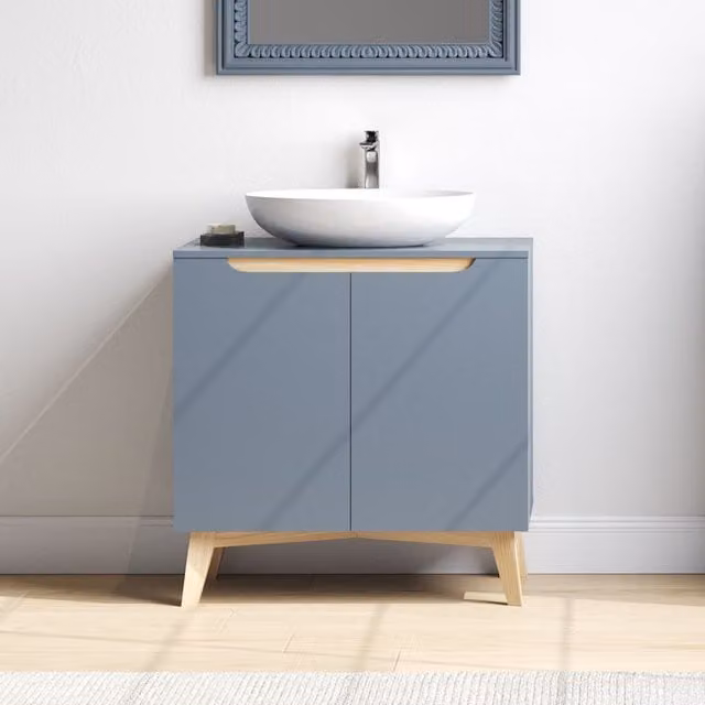 Livingandhome Mid-Century Blue Grey Freestanding Bathroom Under Sink Storage Cabinet with Adjustable Internal Shelves