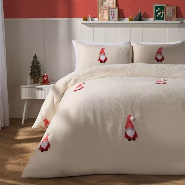 OHS Gonk Christmas Fleece Duvet Cover Set, Beige and White, W: 180 cm, H: 200 cm