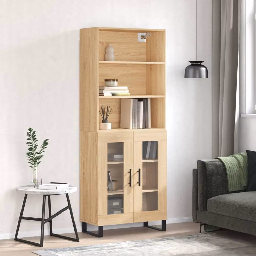 Berkfield Home Sonoma Oak Highboard with Glass Doors in Beige and Brown, W/D/H: 69.5 x 34 x 180 cm – 2