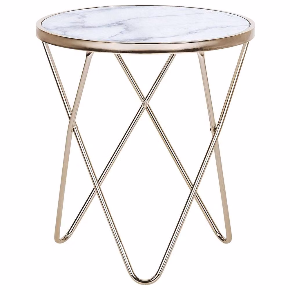 Wyld and Coco Round Side Table with White Marble Effect Glass Top and Gold Hairpin Legs, Diameter: 50 cm – 2