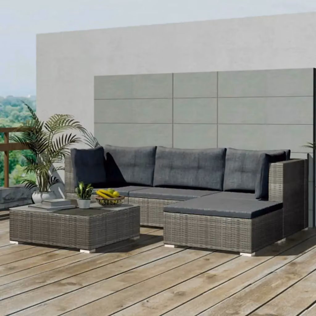 Berkfield Home 5 Piece Grey Poly Rattan Garden Lounge Set with Cushions, Ottoman and Coffee Table – 3