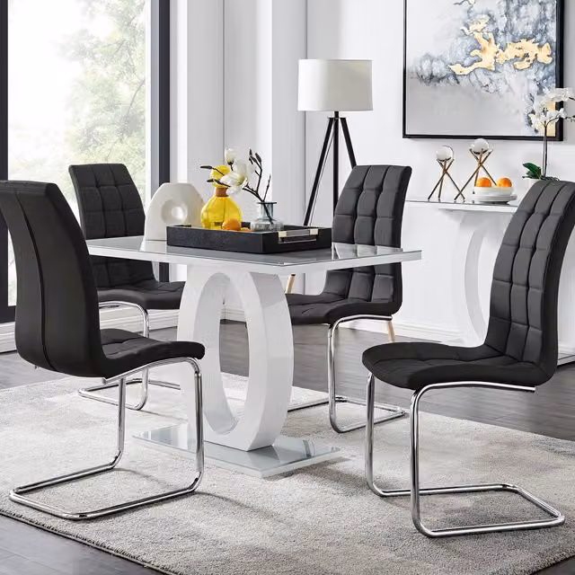 FurnitureboxUK Giovani Modern High Gloss and Glass Rectangular Dining Table with 4 Murano Chairs Set in Black, Grey and White – 1
