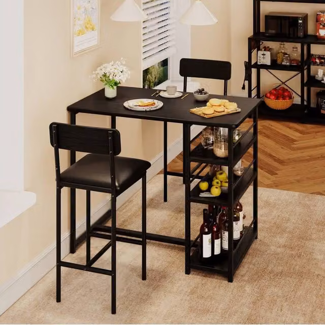 VOGREX 3 Piece Modern Rectangular Counter Height Kitchen and Dining Table Set with Upholstered Chairs in Black – 1