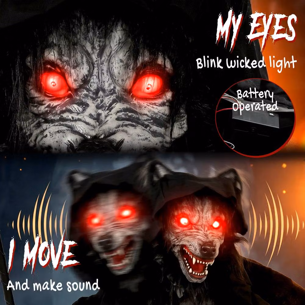 HOMCOM Halloween Standing Animated Werewolf Decoration with Light-Up Eyes in Black – 3