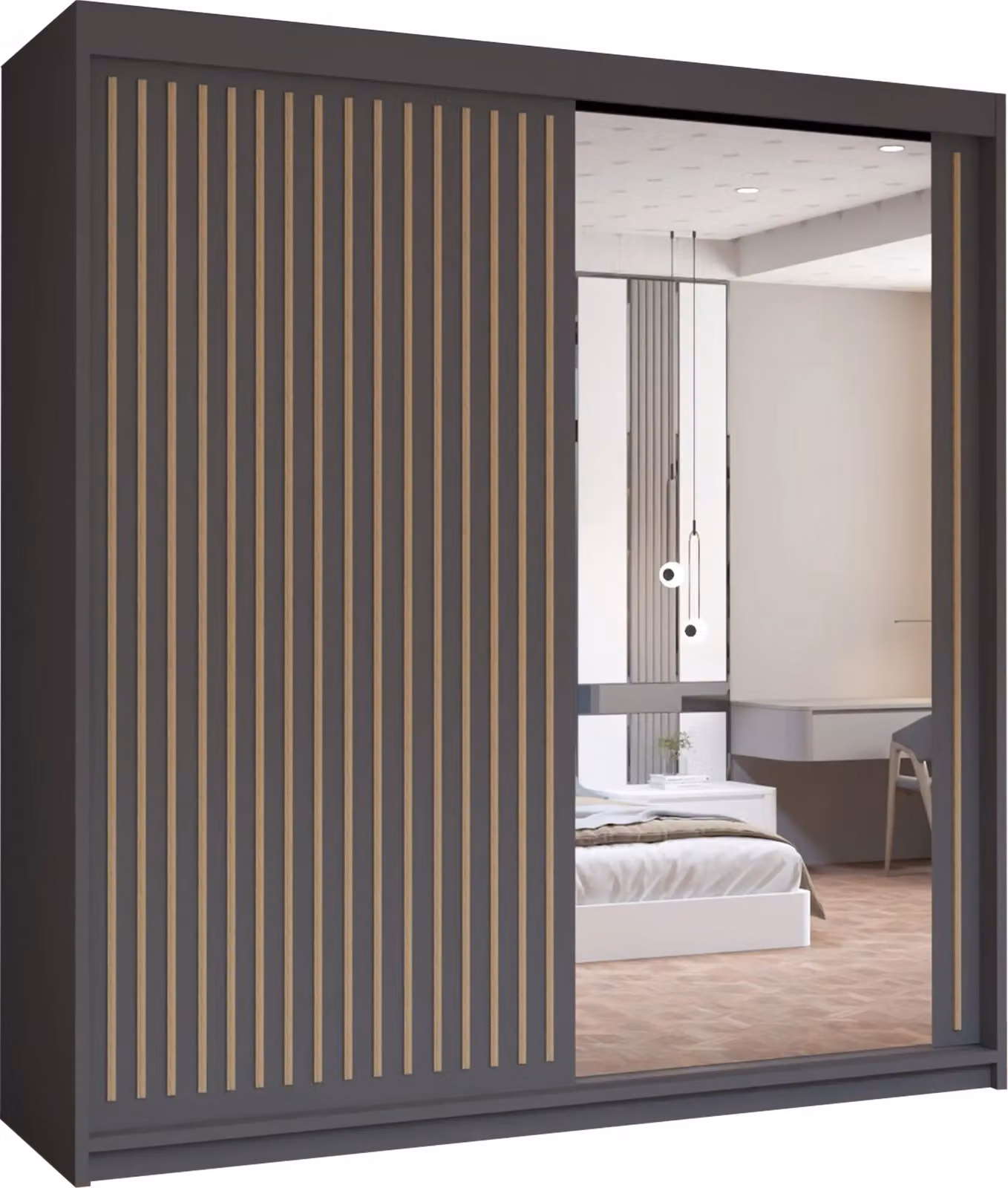 MN Furniture Reno 2 Sliding Door Wardrobe with Mirror and LED Light in Grey Oak, W: 150 cm, H: 217 cm – 2