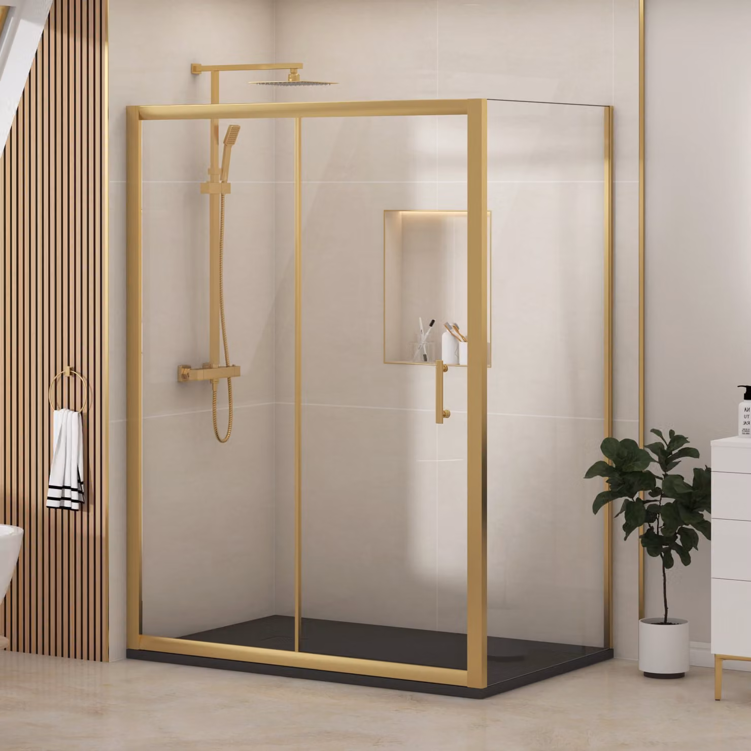 Royal Bathrooms Venice Sliding Door Shower Enclosure with Side Panel and Black Slate Effect Stone Shower Tray, Brushed Brass, W: 120 cm, D: 90 cm, H: 185 cm, 6mm Glass