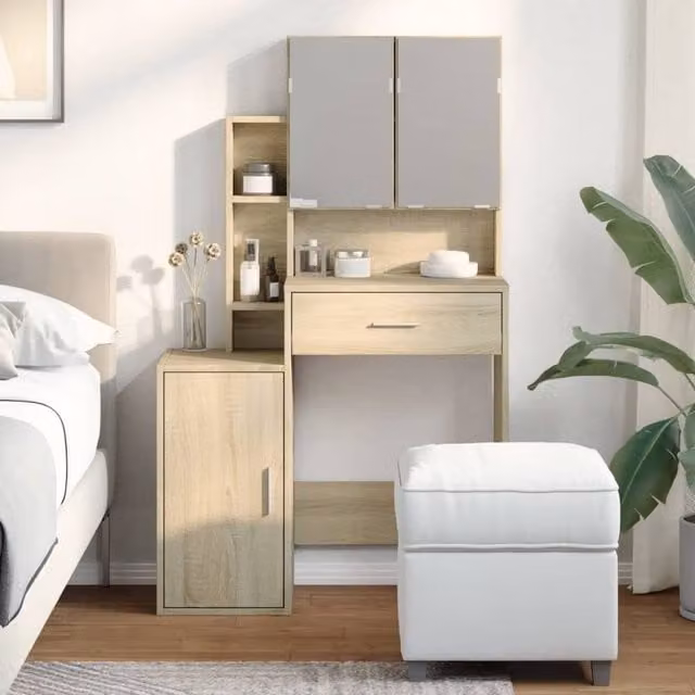 Berkfield Home Beautiful Dressing Table with Cabinet in Sonoma Oak and Light Brown, W/D/H: 80 x 35 x 132 cm – 1