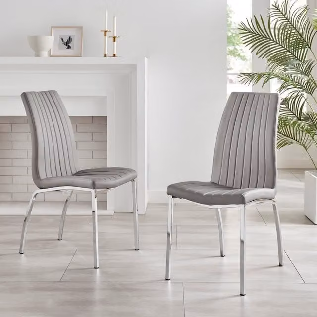 FurnitureboxUK Set of 2 Isco Grey Faux Leather Dining Chairs with Silver Chrome Metal Legs