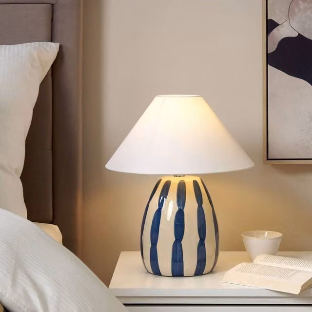 Wyld and Coco Ceramic Table Lamp with Cone Fabric Shade in Beige, Blue and White, H 43 cm x W 35 cm x D 35 cm – 1