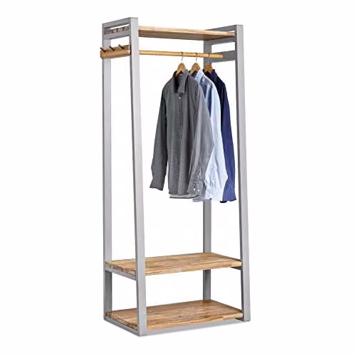 Statement Furniture Florence Open Wardrobe with Acacia Shelves and Rail, Grey, H 188 x W 80 x D 48 cm – 1