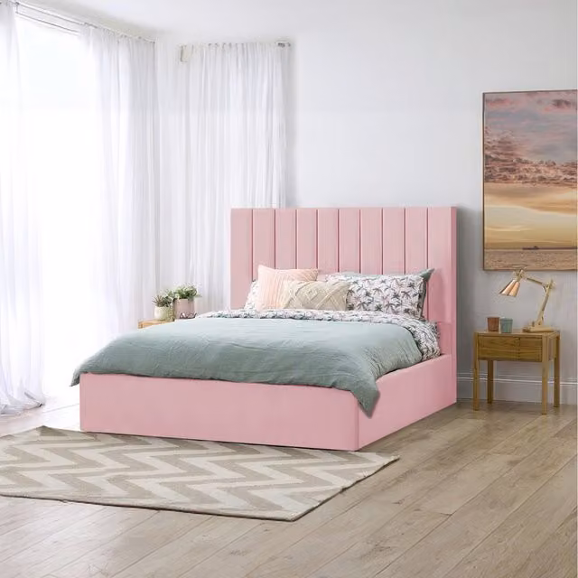 Desire Deco Valentina Upholstered Velvet Storage Bed in Pink, Superking 200 x 200 cm