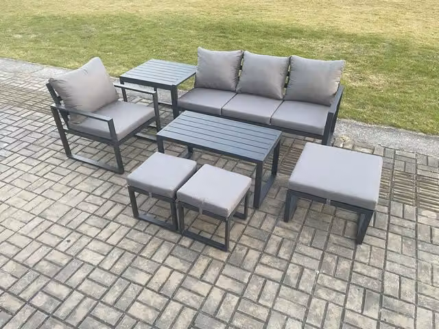 Fimous 7 Seater Aluminium Garden Furniture Set in Dark Grey with Cushions, Armchair, 3 Ottomans and Coffee Table