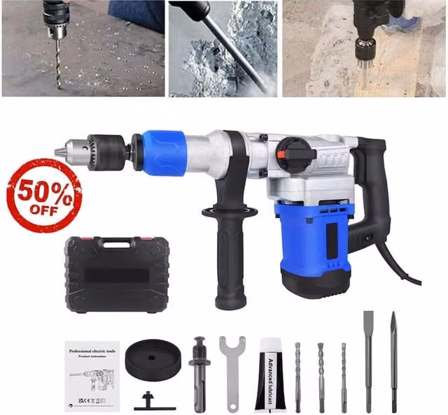 Nordara 1500W Electric Hammer Demolition Drill with Chisel Drill Bits, 4500 BPM, Blue – 1