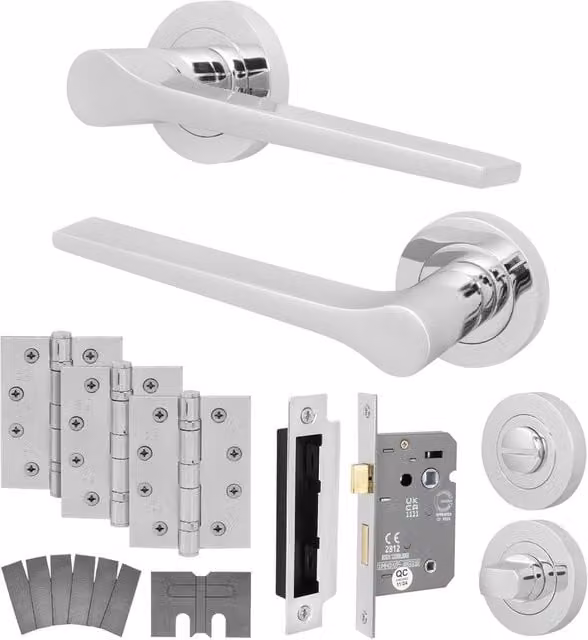 AFIT Chrome Fire Door Handle Bathroom Set in Silver with Lock and Hinges