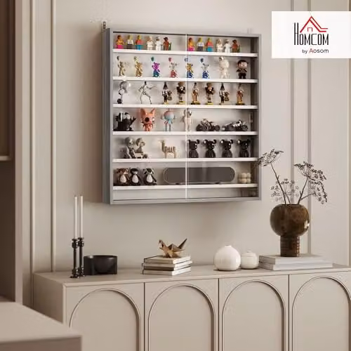 HOMCOM Wall Mounted 7-Tier Display Cabinet with Glass Doors and Internal Shelves, Grey – 4