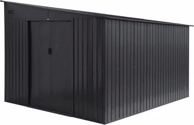 sweeek Galvanised Steel Pent Garden Shed with Sliding Doors and Anchoring Kit, Dark Grey, 8.96m²