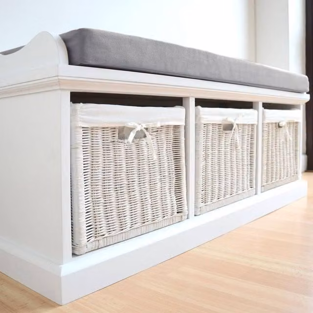 Statement Furniture Tetbury Bench with 3 White Wicker Baskets and Grey Cushion, W/D/H: 112 x 40 x 46 cm