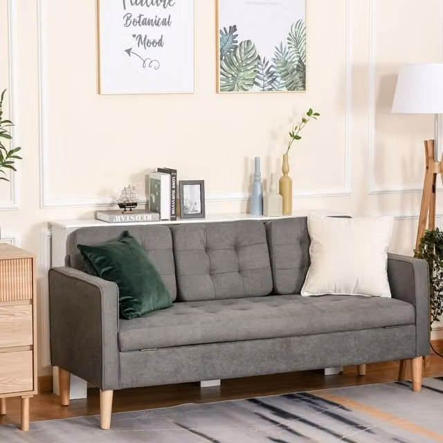 HOMCOM Compact 3 Seater Upholstered Sofa with Hidden Storage and Rubberwood Legs in Grey