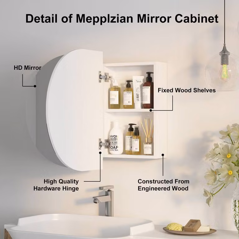 KEEPREAPER Oval Wall Mounted Bathroom Mirror Cabinet with 2 Folding Doors in White, W/D/H: 60.96 x 11.43 x 96.52 cm
