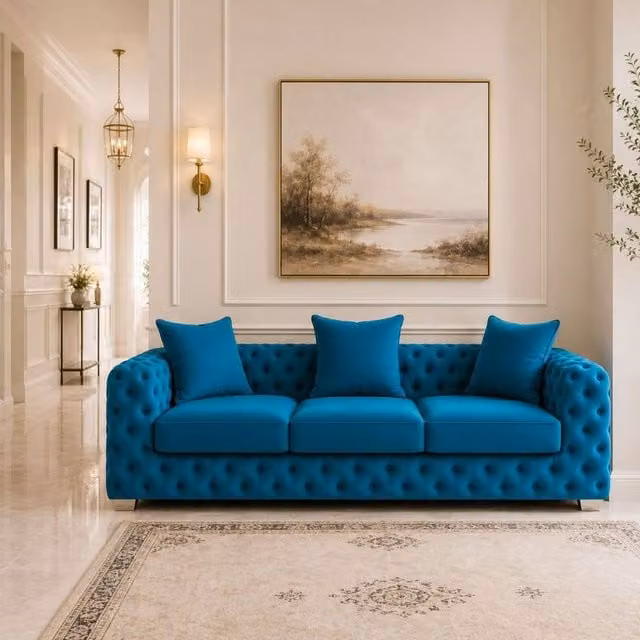 Stratus Interiors Ashley Chesterfield 3 Seater Scatter Back Sofa in Petrol Teal Plush Velvet – 1