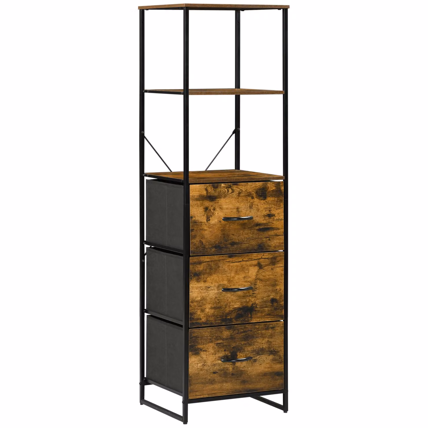 HOMCOM Industrial Cabinet Bookshelf with 2 Shelves and 3 Fabric Drawers in Brown and Black – 2