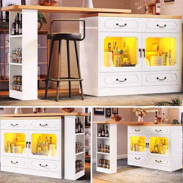 Rolipo 360° Rotating Kitchen Island Bar Table with LED Lights and Storage in White