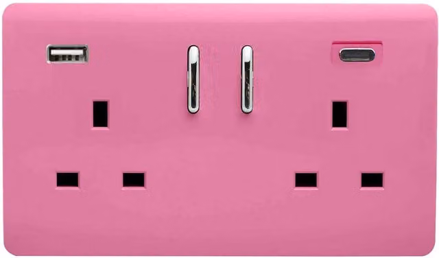 Trendi 2 Gang 13 Amp USB Switched Plug Socket with Type A and C Ports, Pink – 1