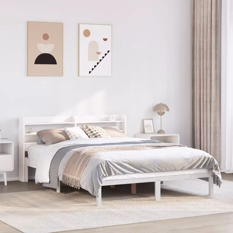 Berkfield Home White Rustic Solid Wood Pine Bed Frame with Side Compartments W/D/H: 160 x 200 cm
