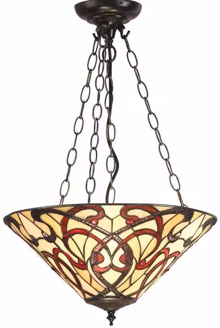Interiors 1900 Ruban 3 Light Medium Inverted Ceiling Pendant in Bronze with Red Tiffany Glass and E27 Socket