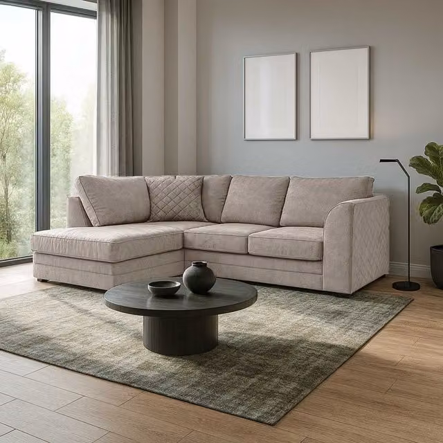 Furnishings For Less UK Quilted Chenille Fabric 3 to 4 Seater L Shaped Corner Sofa, Left Hand Facing, Beige