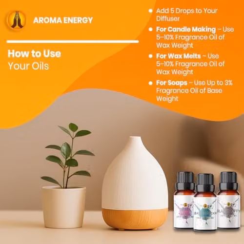 Aroma Energy Fragrance Oils Set for Candle Making, Diffusers and Soaps, 5 x 10ml (Lime Basil & Mandarin, Fresh Laundry, Royal Oudh, Baby Powder, Dark Orchid)