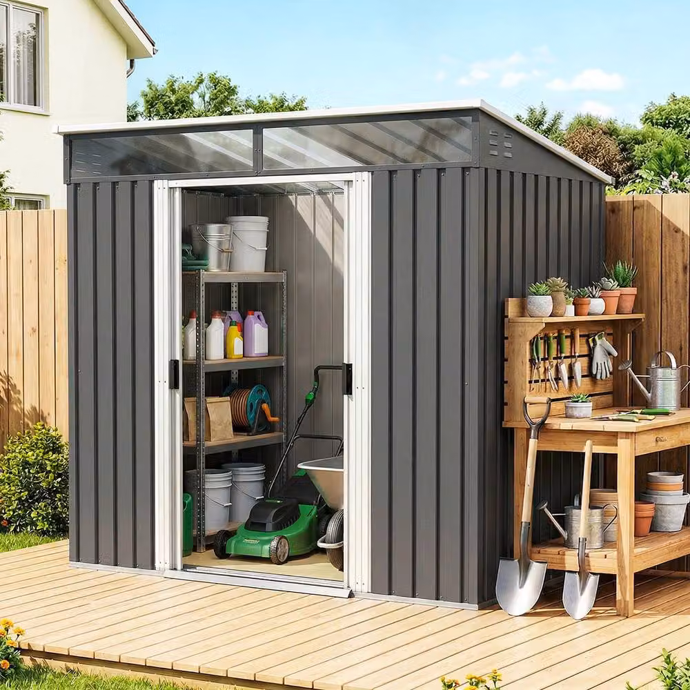 Rolipo Grey Galvanised Metal Pent Shed with Sliding Doors and Side Vents, W/D/H: 198.12 x 121.92 x 181.5 cm – 3