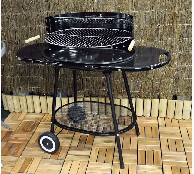 Kingfisher Oval Trolley Charcoal Garden Barbecue with Warming Tray, Black