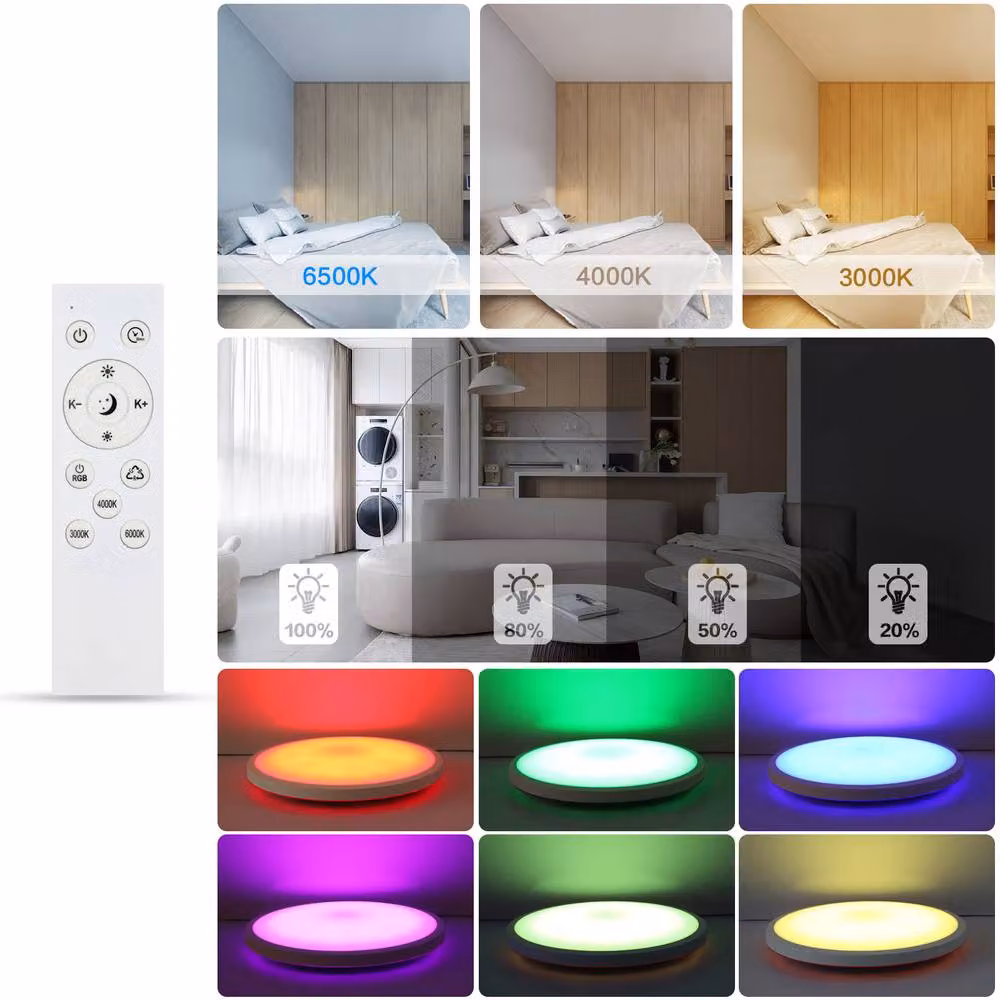 Goeco Round RGBW LED Ceiling Light with Remote Control, IP44 Rated for Bathroom, Kitchen and Bedroom, White – 7