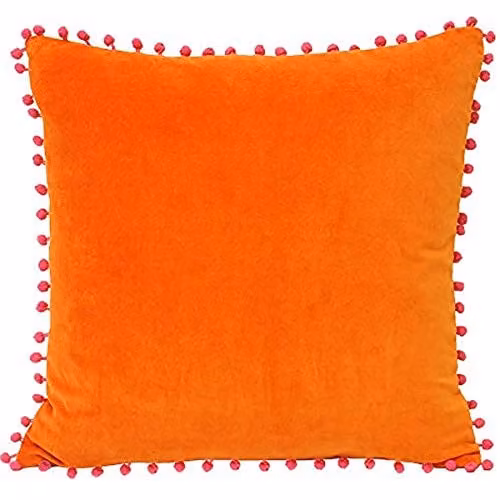 Riva Home Orange Faux Velvet Cushion with Fuchsia Pink Pompom Edges, W/D/H: 45 x 45 x 45 cm