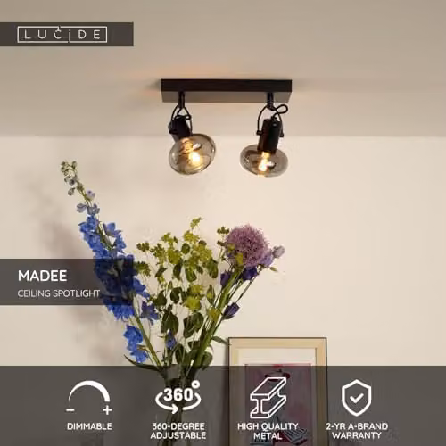 Lucide Madee Dimmable Adjustable Ceiling Spotlight in Black with 2 x E14 Sockets – 3