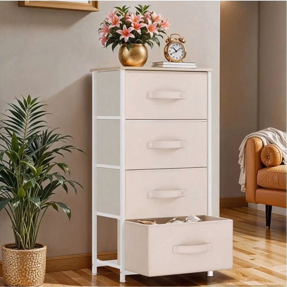 VOGREX White Steel Frame Bedroom Storage Chest with 4 Fabric Drawers in Cream – 2