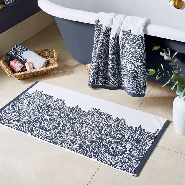 William Morris At Home Marigold Floral Cotton Bath Mat, Blue, W: 90 cm, D: 50 cm