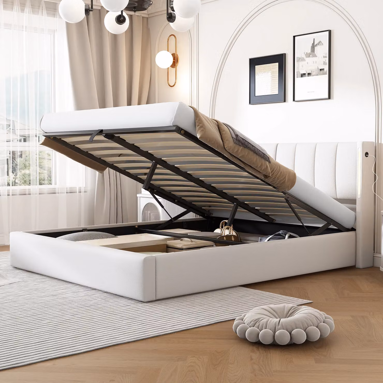 Matteo Upholstered King Size Bed in White with LED Reading Lights, USB Charging Port and Hydraulic Storage, W/D/H: 150 x 200 cm – 5
