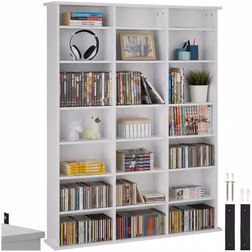 tectake CD Storage Unit in Matt White with Height-Adjustable Shelves and Media Compartments – 1