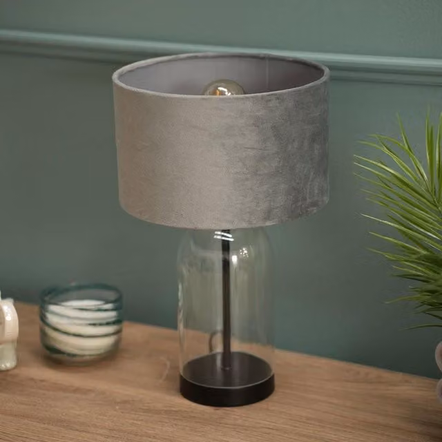 ValueLights Jessy Modern Table Lamp with Black Glass Base and Grey Fabric Shade – 1