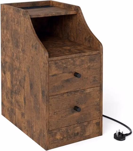 Gymax Brown Side Table with Charging Station and Storage Drawers – 1