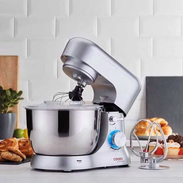 Cooks Professional 1000W Stand Mixer in Silver with Stainless Steel Bowl and Pulse Function