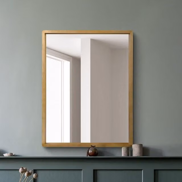 MirrorOutlet Naturalis Solid Oak Framed Overmantle Wall Mirror in Brown