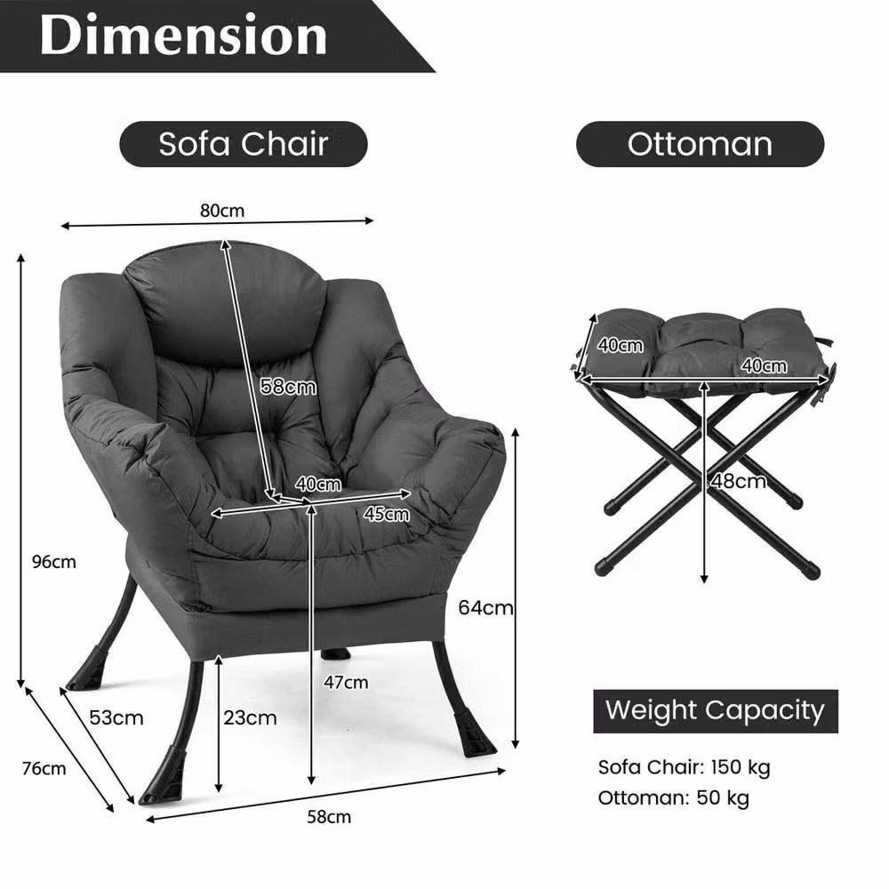 VOGREX Modern Lazy Lounge Chair with Ottoman and Cushions in Grey – 2