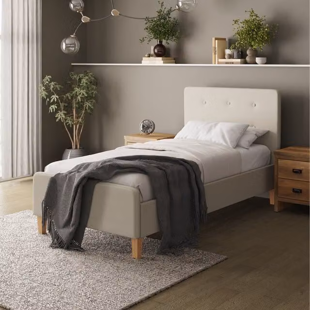 GFW Ashbourne Upholstered Bedframe in Grey and Beige, W/D/H: 90 x 190 cm