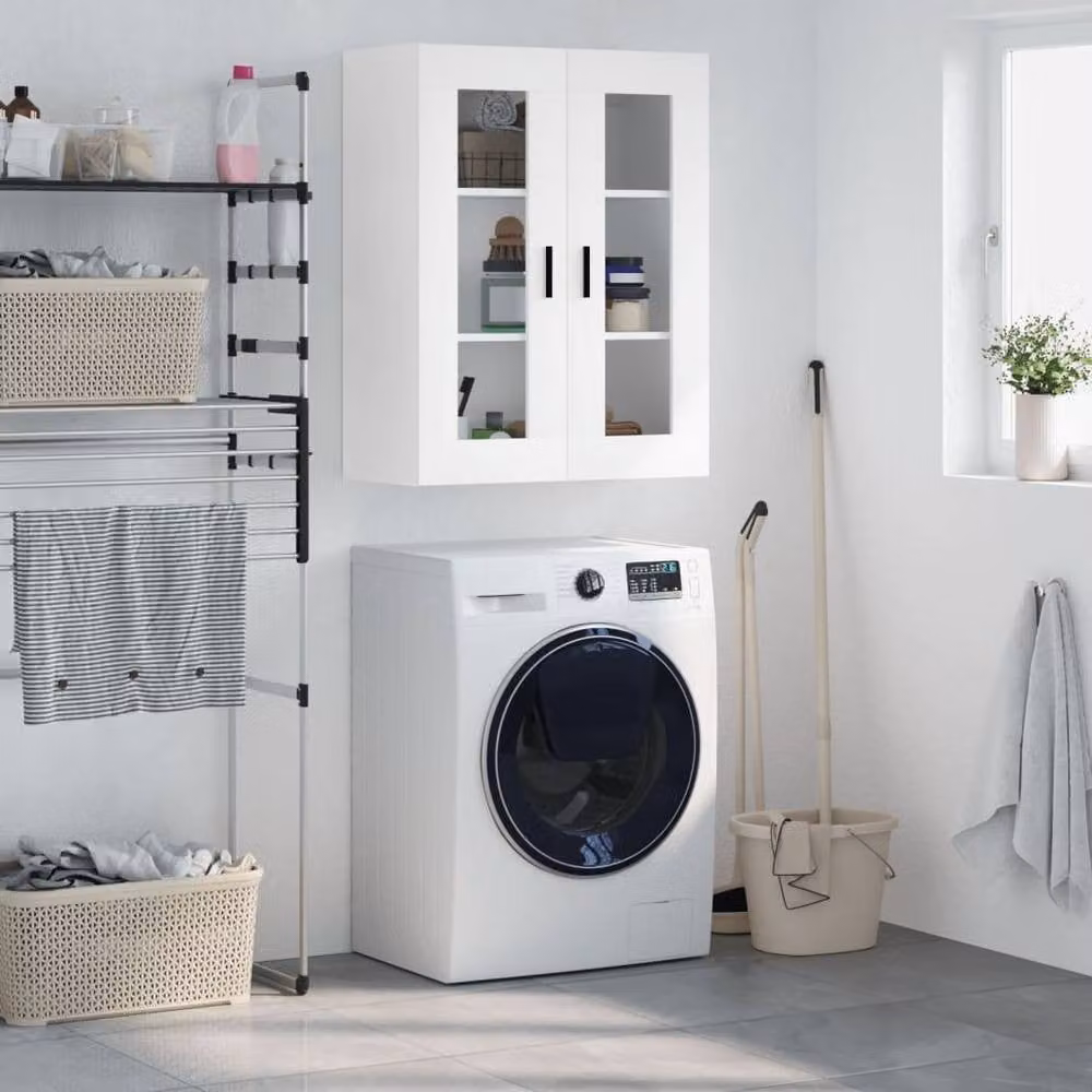 Berkfield Home Wall Mounted Cabinet with Glass Doors, White, W: 69.5 cm, D: 34 cm, H: 90 cm – 2