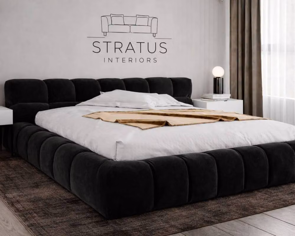 Stratus Interiors Cubed Mini Ambassador Upholstered Bed Frame in Black Velvet, King Size (W: 180 cm, D: 200 cm) – 2