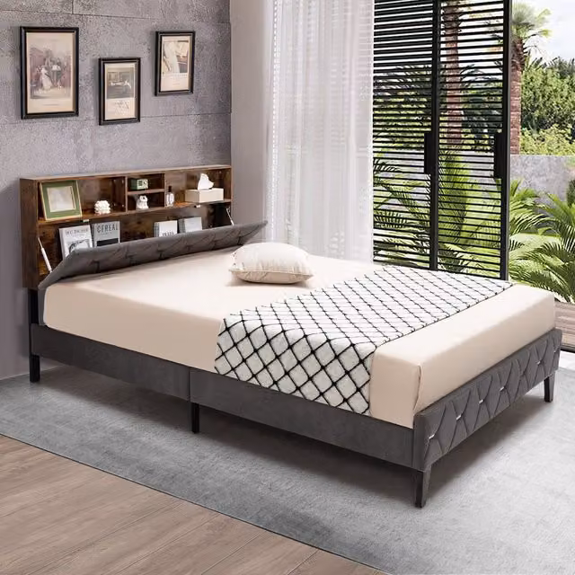 Costway Grey Velvet Upholstered Platform Bed with Side Compartments and Bedside Shelves